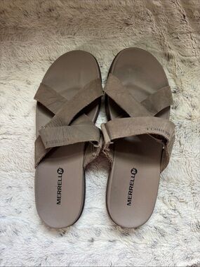 Merrell Women's Tan Brown Cross-Strap Slide Sandals